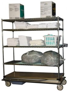 , New Motorized Clean Linen Wire Cart eliminates strains and pains from pushing heavy clean linen and supply carts in hospitals, hotels, resorts, and casinos.