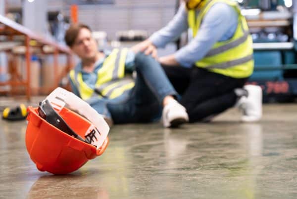 Image of a warehouse worker, injured on the ground with a coworker helping them.