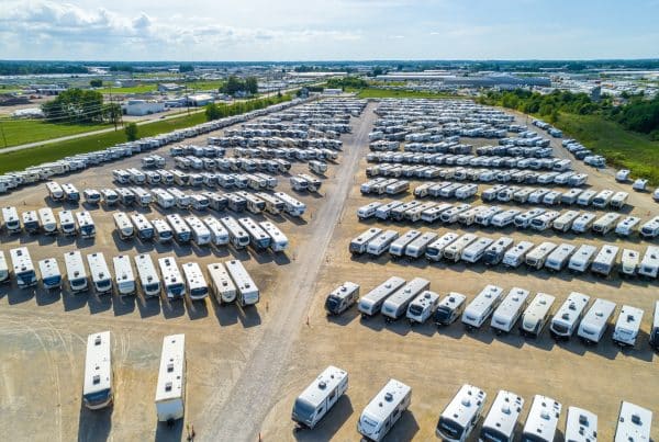 Aerial View of a Tightly Packed RV and Trailer Sales Lot.